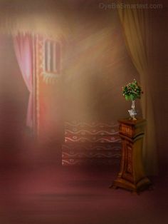 a vase with flowers sitting on top of a wooden table next to a curtained window