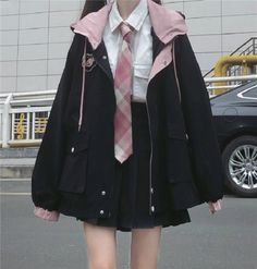 Black Cargo Jacket, Harajuku Jacket, Preppy Mode, Korean Colors, Big Size Fashion, Casual Punk, Kawaii Fashion Outfits, A Skirt, Pink Jacket