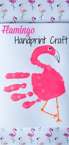 a pink flamingo handprint craft on a white background