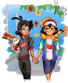 an image of two people holding hands and walking down the street with food in hand