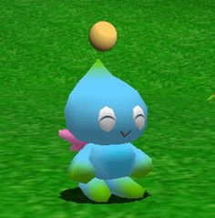 a cartoon character is playing with a ball in the grass, and another character looks on