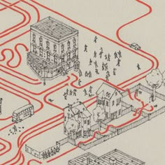 a drawing of a building with red lines on the ground and people walking around it