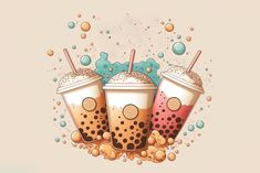 three bubble teas with bubbles and bubbles around them on a beige background, surrounded by bubbles