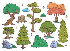 various trees and rocks are shown in this cartoon drawing style, including one tree with many leaves