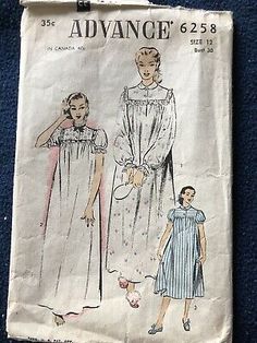 Advance Vintage Nightgown Pattern. 1940’s, Size 12 | eBay Vintage Nightgown Sewing Pattern, Vintage Fitted Long Sleeve Nightgown, Fitted Long Sleeve Vintage Nightgown, Fitted Vintage Sleepwear, Vintage Fitted Nightgown For Sleep, Vintage Nightgown Pattern, 1940s Nightgown, Bib Apron Pattern, Half Apron Patterns