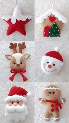 christmas ornaments are hanging on a white blanket with snowman, santa clause and other decorations