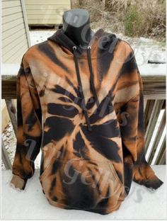 This hoodie actually came about accidentally. I'm glad it did because I have had such a good response to this orange bleached hoodie online that I decided to post it to my shop! :)  Each reverse tie dye hoodie is 60% cotton and 40% polyester.  The brand I use for these hoodies are The Fruit of The Loom EverSoft.  Fruit of the Loom fleece is made with EverSoft ring spun cotton for premium softness wash after wash.  This great fleece collection offers a variety of great benefits to keep you feelin Trendy Acid Wash Sweatshirt With Drawstring Hood, Trendy Orange Cotton Hoodie, Trendy Acid Wash Hooded Hoodie, Trendy Tie Dye Hoodie For Fall, Trendy Tie Dye Hooded Sweatshirt, Trendy Tie Dye Sweatshirt For Streetwear, Hooded Bleached Sweatshirt For Fall, Trendy Tie-dye Hoodie For Winter, Trendy Tie Dye Hoodie For Winter