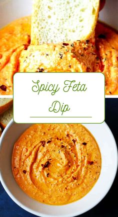 some food is in a white bowl on a blue table and there are two pictures with the words spicy feta dip