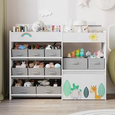 a child's room with toy storage and toys