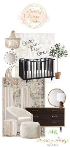 a baby's room with furniture and accessories in shades of beige, white, and gold