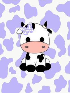 a cow with a bow on its head sitting in front of a purple and white background