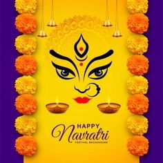 happy navratri greeting card with beautiful face and pom poms on purple background