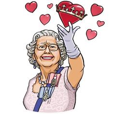 an older woman holding up a heart shaped object in her hand with hearts flying around