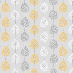 yellow and gray trees on grey background with white flowers in the center, seamlessly