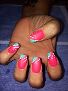 Nail Designs Summer Coral, Bright Pink And Teal Nails, Magenta And Teal Nails, Pink And Turquoise Nails Summer, Bright Beachy Nails, Hot Pink And Turquoise Nails, Hot Pink And Teal Nails, Blue And Hot Pink Nails, Bright Coral Nails Design