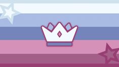 a pink and blue striped background with a crown on it's left hand side