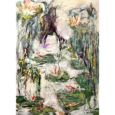 an abstract painting with water lillies and horses