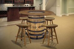 a kitchen with an island made out of wine barrels and stools in the middle