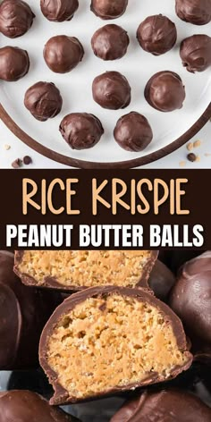 chocolate covered peanut butter balls on a white plate with the text, rice krispie peanut butter balls