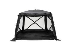 a black and white gazebo with netting on it's sides, against a white background