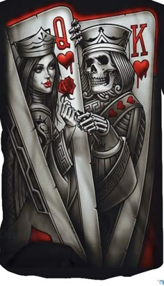 the back of a t - shirt with two skeletons holding playing cards and hearts on it