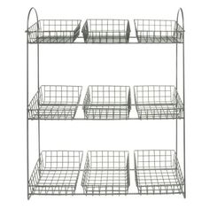 three tiered metal shelf with baskets on top and two shelves below it, each holding four