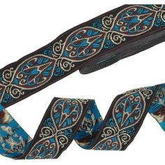 two blue and brown ribbons with designs on them