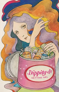 a drawing of a woman holding a cup filled with candy