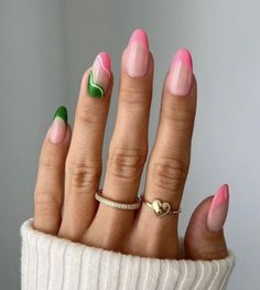 Pink With Green Nails, Almond Nails Designs Spring Green, Pastel Pink And Green Nails Acrylic, Emerald And Pink Nails, Bright Green And Pink Nails, Green Pink Ombre Nails, Pink Green And White Nails, Pink And Green Nails Aka, Nail Art Pink And Green