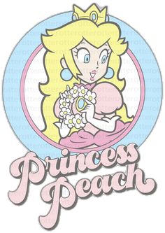 the princess peach logo is shown in pink and blue, with an image of a woman holding