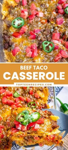 beef taco casserole with cheese and peppers on top