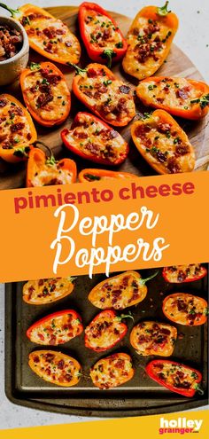 mini pizzas with cheese and peppers on a tray