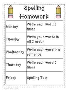 spelling homework worksheet with two pencils