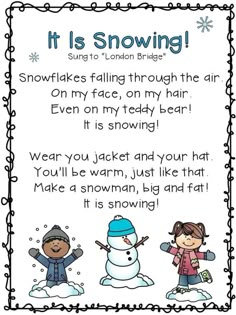 a snowman and two children poem with the words it is snowing