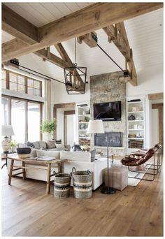 a living room filled with furniture and a flat screen tv mounted on the wall above a fireplace