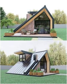 two pictures of a small house in the grass