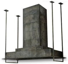 a stone monument with three lamps on each side and two poles in the middle that are standing upright