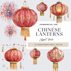 the chinese lanterns clipart pack is shown in red, gold and pink colors with fireworks