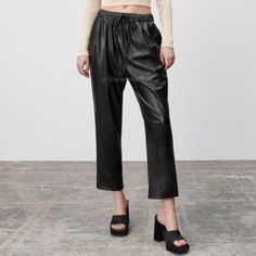 Chic, Comfortable And Cute, Sold Out Zara Faux Leather, Pleather Pants. Pair With My Cropped Chanel Metallic Lined Jacket, Ports 1961 Bandeau Top, And My Cl Booties Perfection Drawstring Waistband High Rise Drawstring Waist Belted Side Pockets Back Patch Pockets Front Pleats Baggy Balloon Leg Fit Intentionally Oversized Not Exact, Flat W 13”, Rise 13”, I 24.25” Faux Leather Drop High Waist Black Pleather Neutral Drawstring String Ankle Cropped Wide Straight Leg Trendy Lowest Price Listed Final S Zara Faux Leather Wide Leg Pants, Zara Leather Joggers, Zara Faux Leather Pants, Faux Leather Joggers, Final S, Black Faux Leather Pants, Faux Leather Trousers, Zara Trousers, Pleather Pants