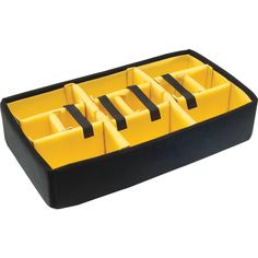 a black and yellow tool box with dividers