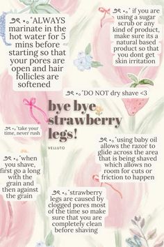 ✩°｡🍓𓏲⋆.🧺𖦹 ₊˚ Struggling with stubborn "strawberry legs"? 🌟 Discover the ultimate guide to smooth, flawless skin with these shaving tips! ✨ Say goodbye to dark pores and hello to confidence-boosting legs!  #StrawberryLegs #SmoothSkinTips #BeautyHacks #ShavingTips #SkincareRoutine #LegCare #GlowingSkin #BeautyTips #SelfCare #BeautyRoutine #HealthySkin #SkincareSecrets #BeautyEssentials #ShavingHacks #BeautyGoals #SummerReady #SkinCareTips #FlawlessLegs #BeautyCommunity #LegShaving #ShavingRoutine #BeautyObsessed #SkinCareAddict #SkinConfidence Rid Of Strawberry Legs Beauty Tips, Tips For Shaving Legs Smooth Skin, Getting Rid Of Strawberry Legs Tips, How To Get Smooth Legs Tips, Smooth Legs Routine, Leg Shaving Tips, How To Shave Legs Properly, How To Get Rid Of Strawberry Legs Fast, Smooth Skin Tips