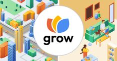 an image of a group of people working in a city with the word grow on it