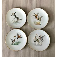 four plates with birds painted on them sitting on a wooden floor next to each other