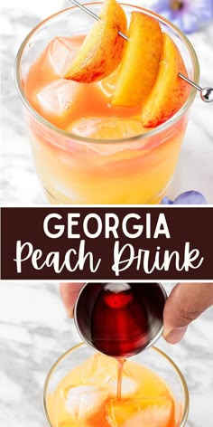 a person pouring peach punch into a glass with orange wedges on top and the words,