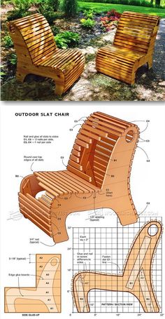 the plans for an outdoor chaise lounge are shown in two different views, one is made out of wood