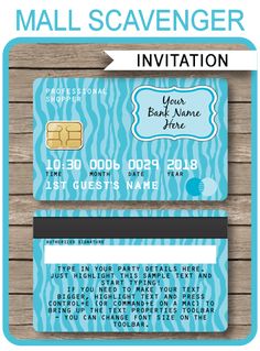 a blue and white zebra print business card with the name of an event on it