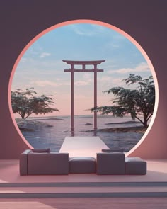 a circular window with a view of the ocean