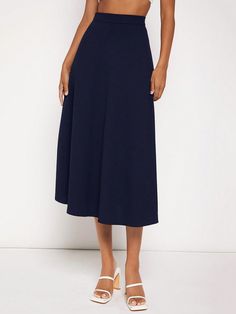 Women's Summer Casual Solid Color High Waist A-Line Skirt Navy Blue Elegant   Fabric Plain A Line Medium Stretch Fall/Winter Women Clothing, size features are:Bust: ,Length: ,Sleeve Length: Skirt Aesthetic, Mid Skirt, Navy Blue Skirt, Elegant Dresses Long, Women Midi, Pleated Midi Skirt, Knee Length Skirt, Womens Midi Dresses, Elegant Dress