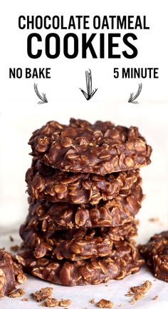 chocolate oatmeal cookies stacked on top of each other with text overlay