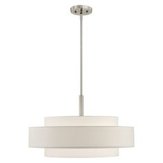 a light fixture with a white shade on the bottom and one light hanging from the ceiling